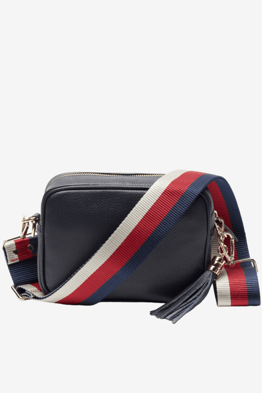 ELIE BEAUMONT NAVY LEATHER BAG RED STRIPES STRAP
