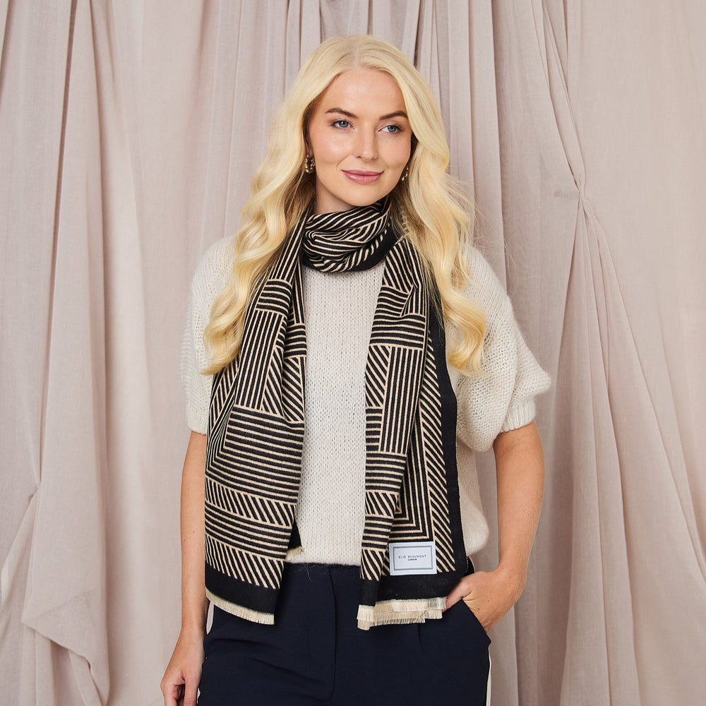 ELIE BEAUMONT BLACK AND SAND GEOMETRIC WINTER SCARF