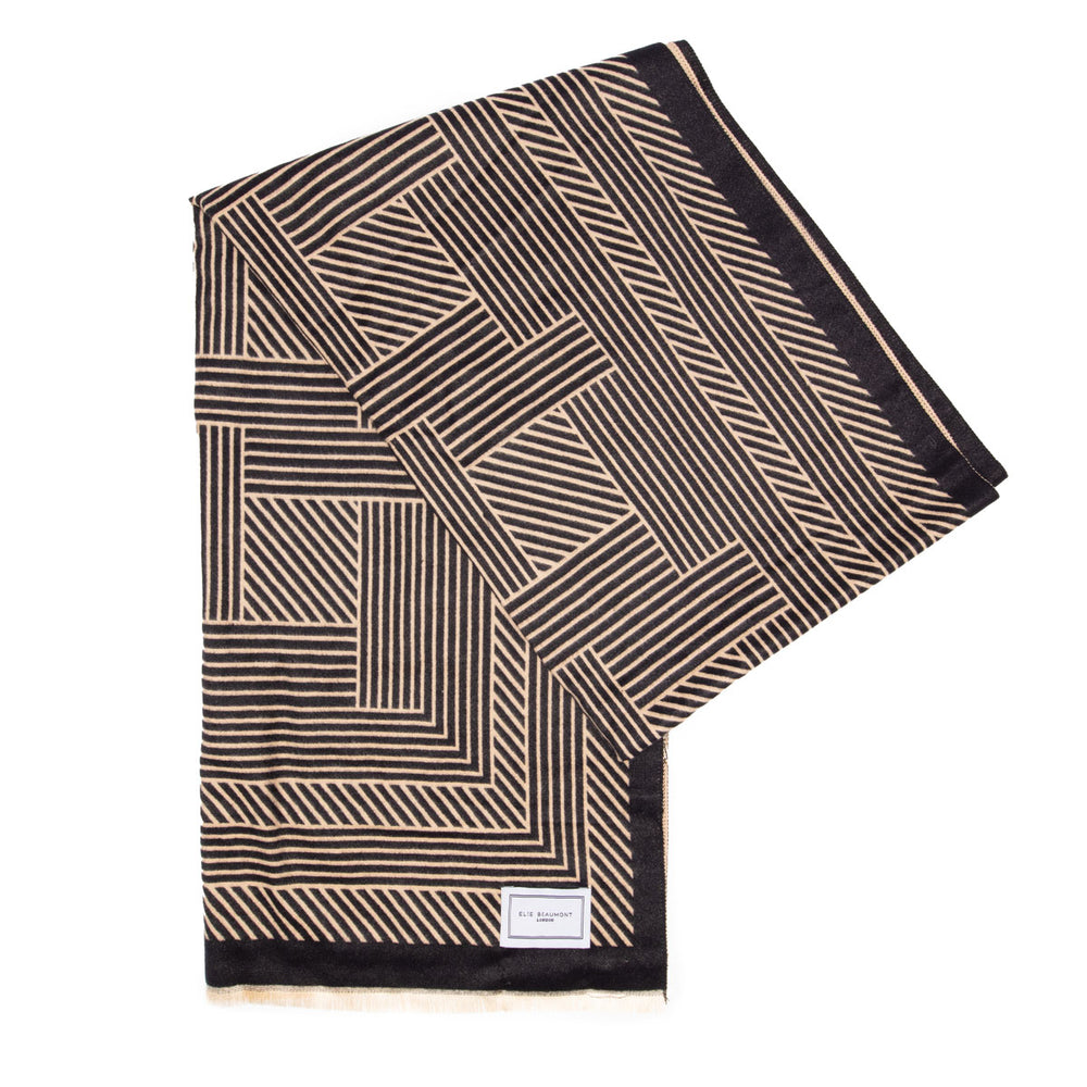 ELIE BEAUMONT BLACK AND SAND GEOMETRIC WINTER SCARF