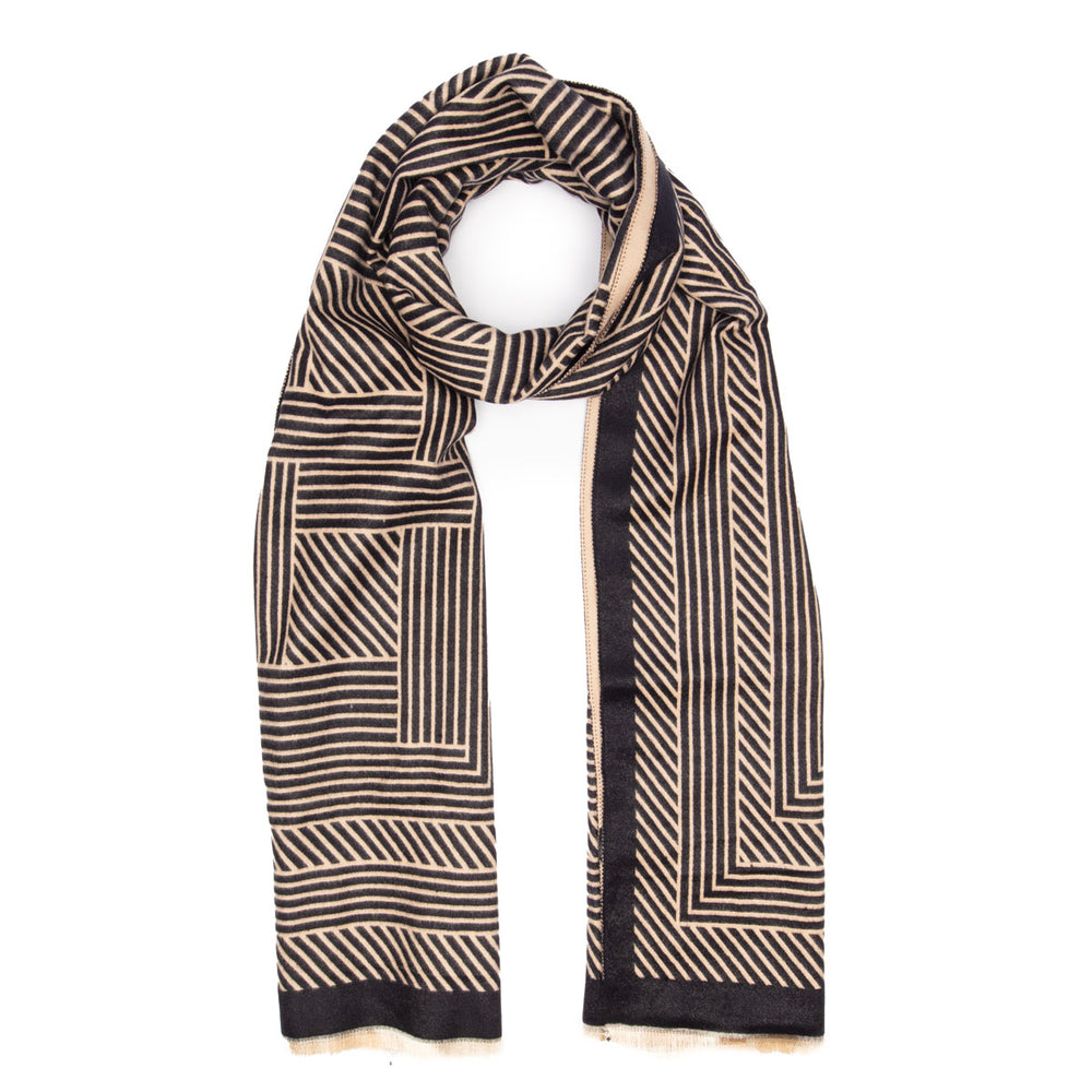 ELIE BEAUMONT BLACK AND SAND GEOMETRIC WINTER SCARF