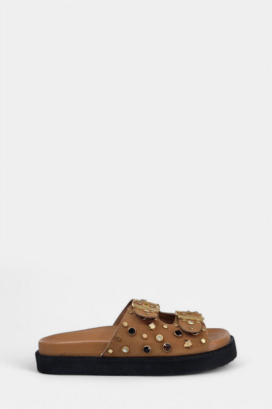 CARMELA 162401 TAN SUEDE SLIDER SANDAL
