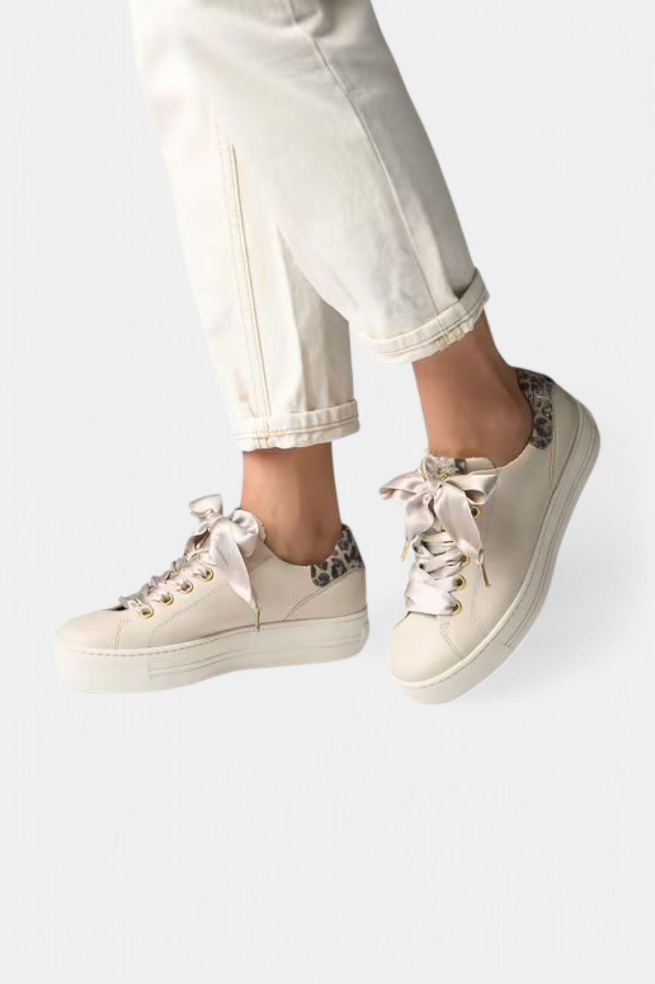 PAUL GREEN 5520 BISCUIT RIBBON LACE LEATHER TRAINER