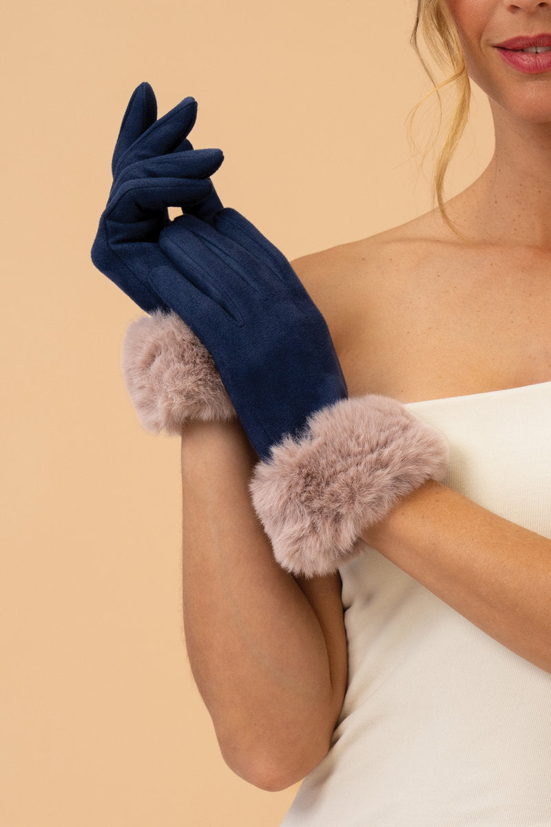 POWDER BETTINA NAVY & TAUPE FAUX FUR TRIMMED GLOVES
