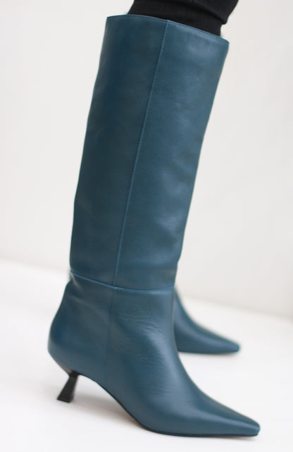 ANGEL ALARCON UMAY PETROL BLUE LEATHER KNEE HIGH BOOT