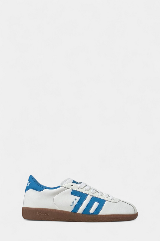 BACK70 SHELLY WHITE/BLUE LEATHER TRAINER
