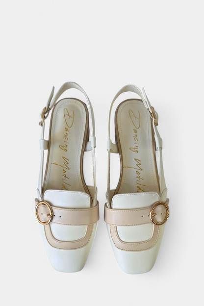 DANCING MATILDA 029 WHITE/GOLD SLINGBACK LOW HEELED LOAFER