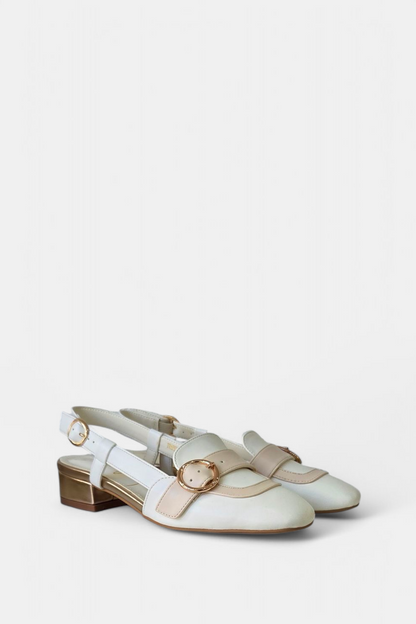 DANCING MATILDA 029 WHITE/GOLD SLINGBACK LOW HEELED LOAFER