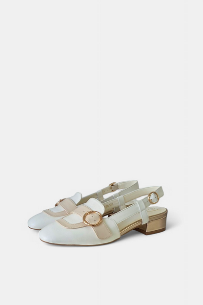 DANCING MATILDA 029 WHITE/GOLD SLINGBACK LOW HEELED LOAFER