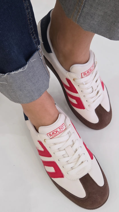 BACK70 CLOUD CREAM/RED/BROWN LEATHER TRAINER