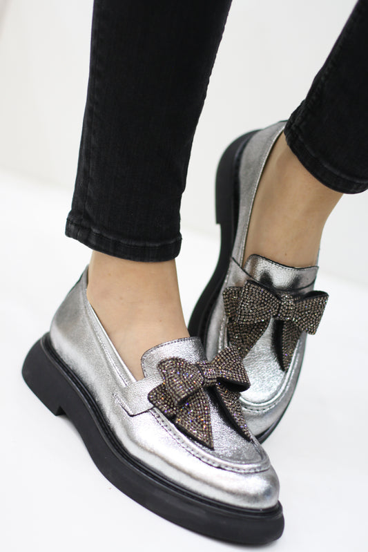 MARIAN 9106 SILVER GLITTER BOW CHUNKY LOAFER