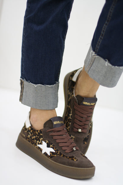MELINE SHOES 526 BROWN LEOPARD  PRINT AND SUEDE LEATHER TRAINERS