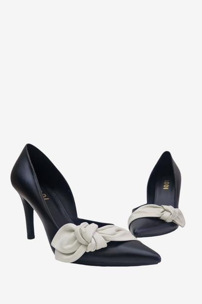 LODI RILER BLACK AND WHITE BOW LEATHER HEEL