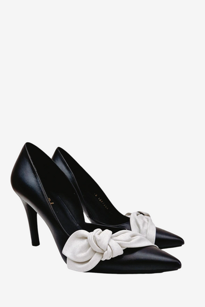 LODI RILER BLACK AND WHITE BOW LEATHER HEEL