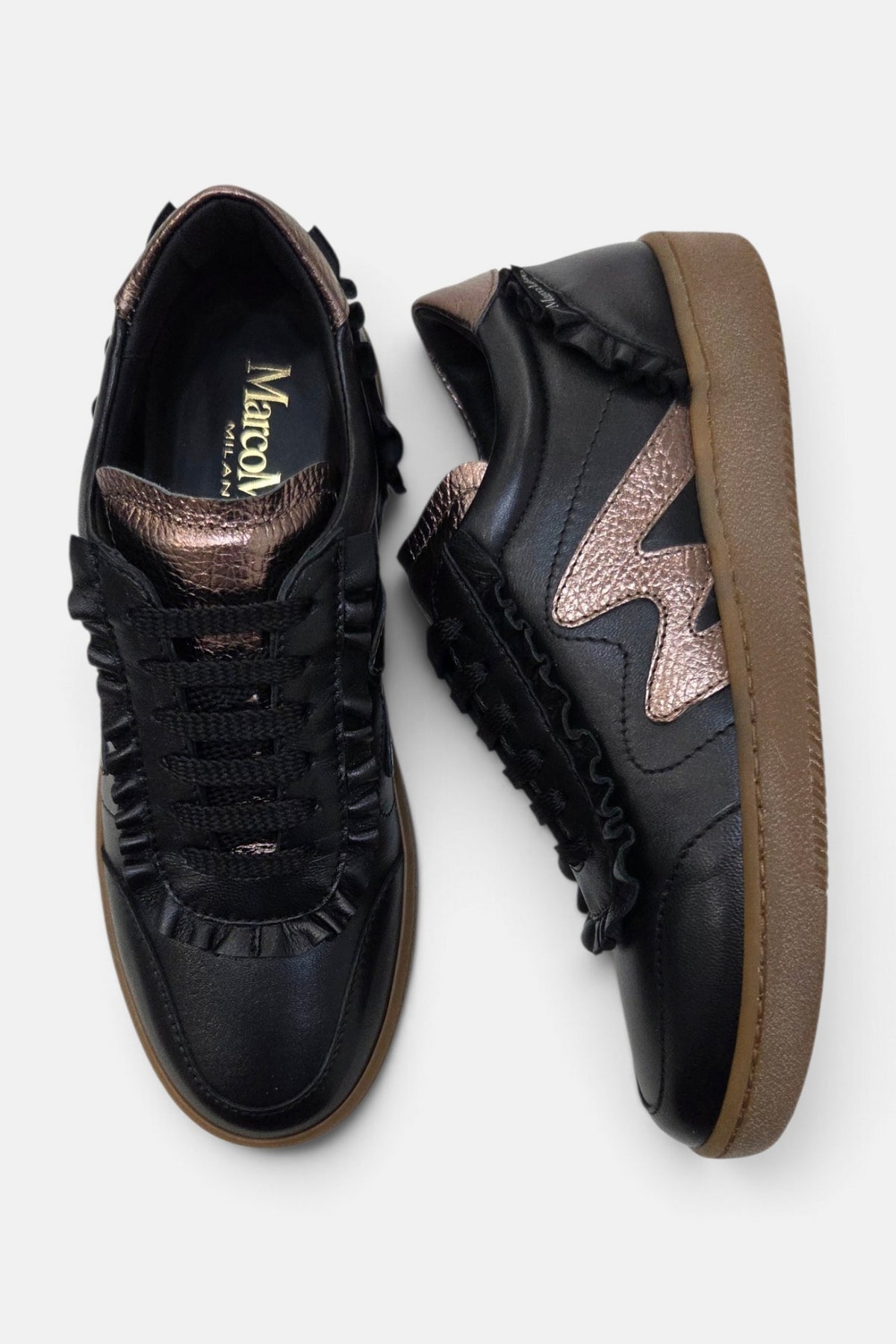 MarcoMoreo Black leather ruffle detailing trainer