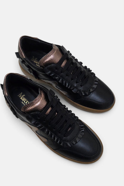 MarcoMoreo Black leather ruffle detailing trainer