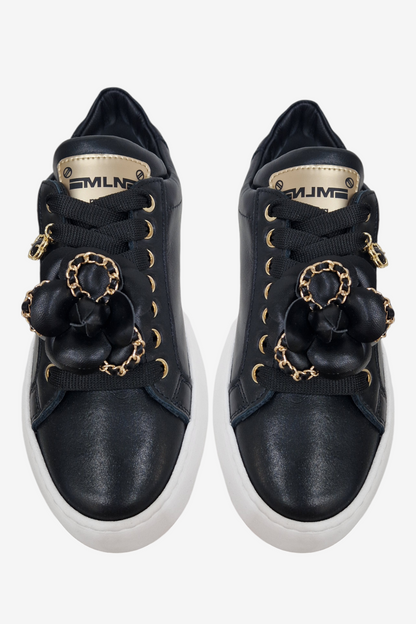 MELINE FLORAL BLACK LEATHER CHUNKY TRAINER