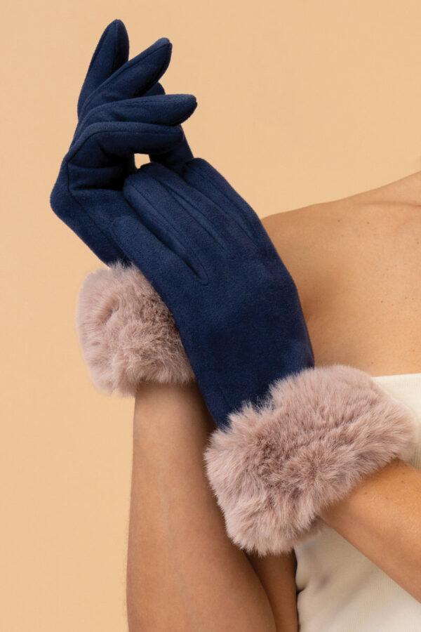 POWDER BETTINA NAVY & TAUPE FAUX FUR TRIMMED GLOVES