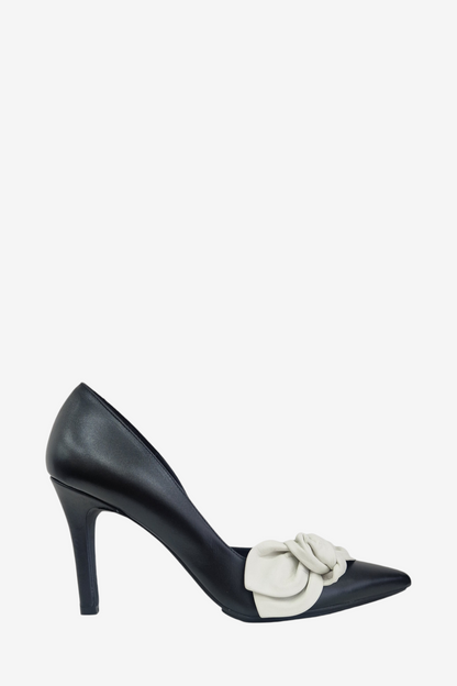 LODI RILER BLACK AND WHITE BOW LEATHER HEEL