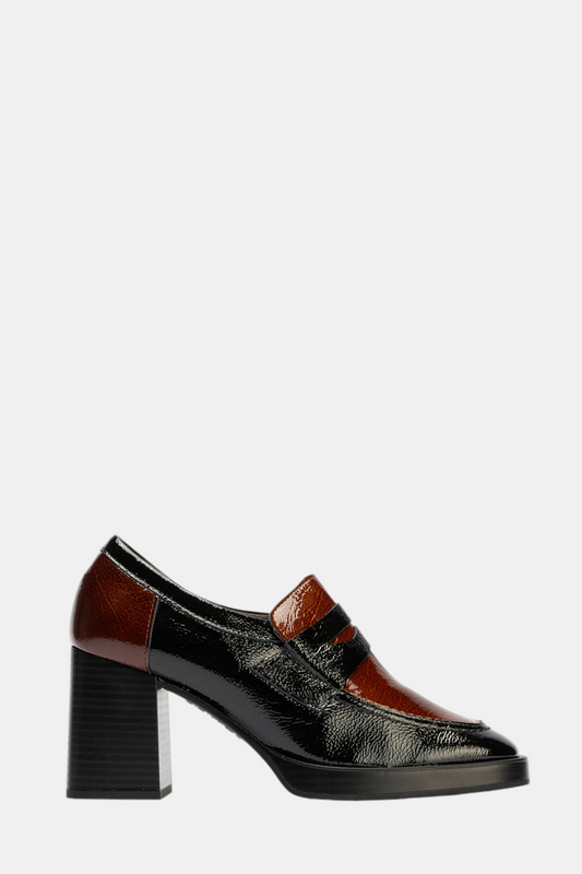 PITILLOS 10196 TAN/BLACK PATENT HEELED LOAFER