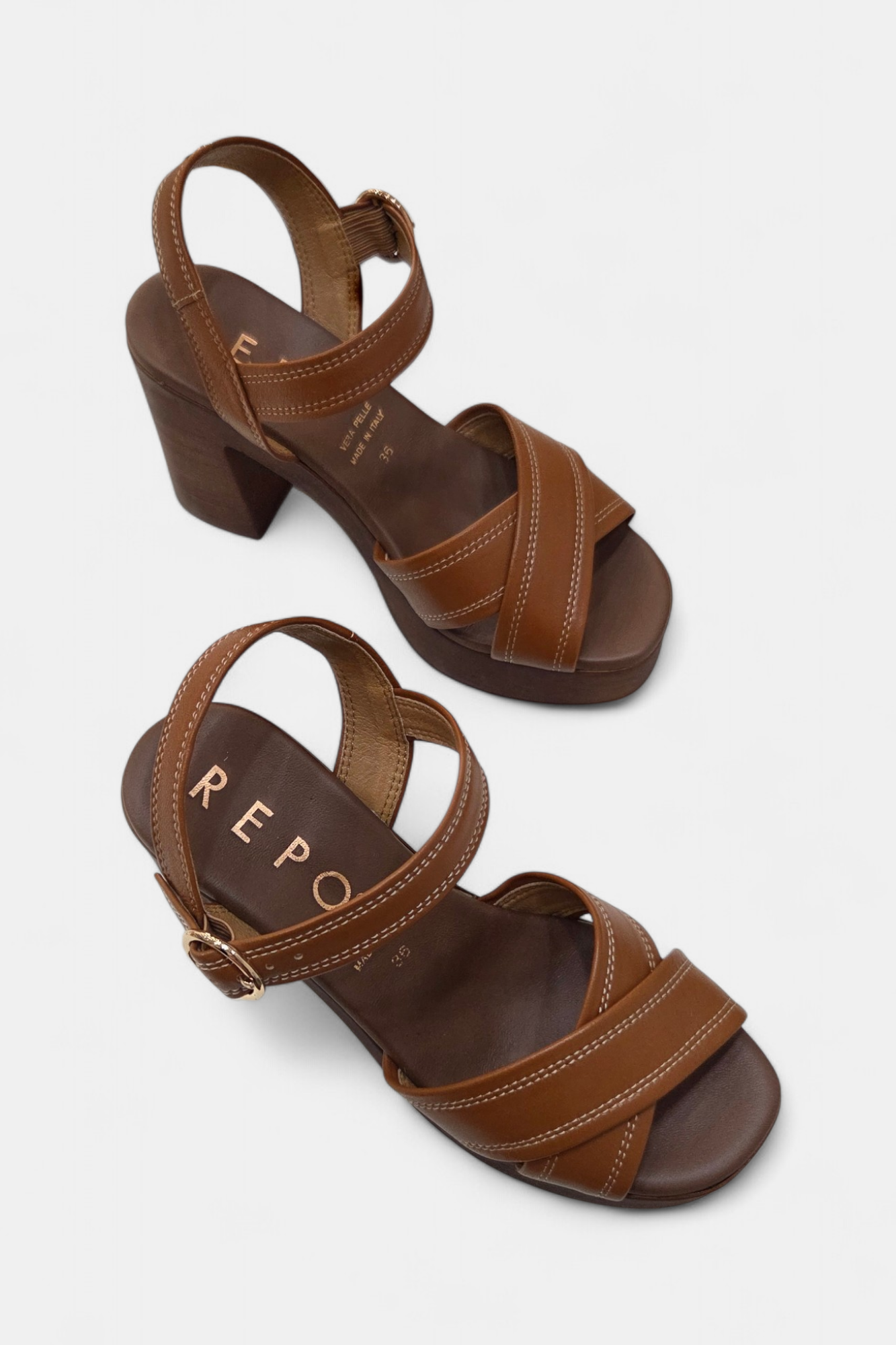 REPO 56249 TAN LEATHER HEELED PLATFORM  SANDAL