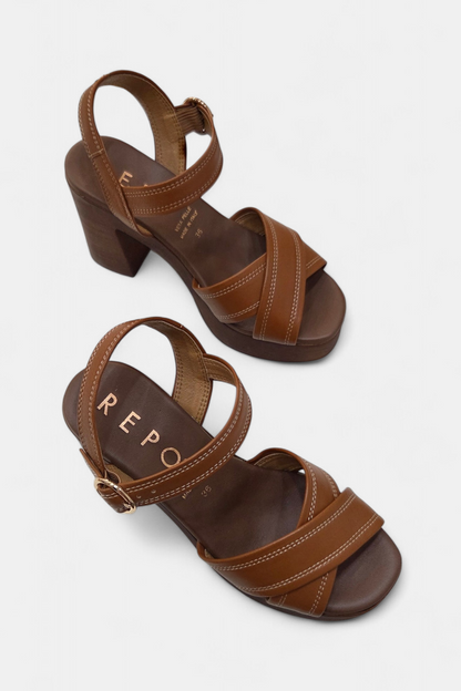 REPO 56249 TAN LEATHER HEELED PLATFORM  SANDAL