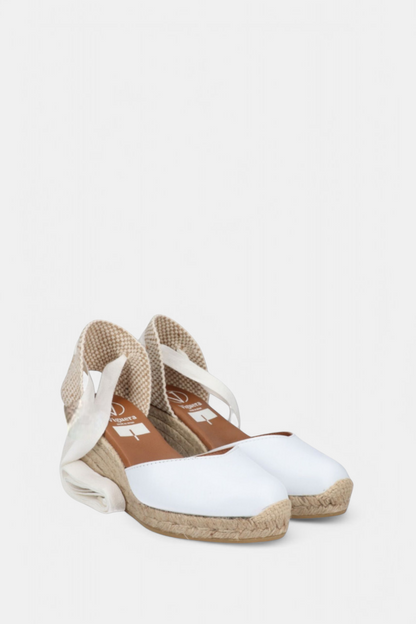 VIGUERA 2011 WHITE LEATHER WRAP STRAP ESPADRILLE WEDGES