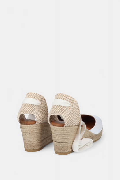 VIGUERA 2011 WHITE LEATHER WRAP STRAP ESPADRILLE WEDGES