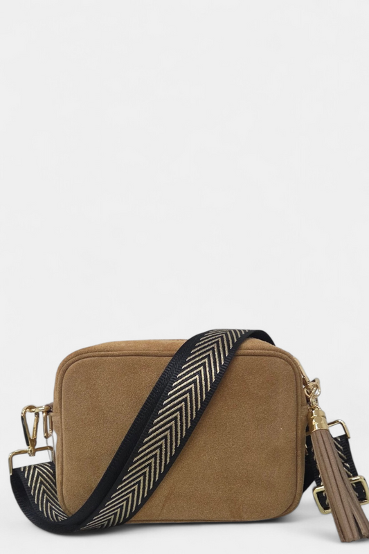 ELIE BEAUMONT CAMEL SUEDE BAG GOLD CHEVRON STRAP